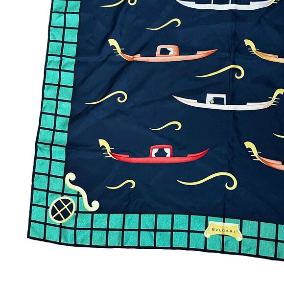 Bvlgari Silk Scarf Vintage Gondola Designer Davide Pizzigoni Blue Green 34" x 34 - Picture 7 of 12